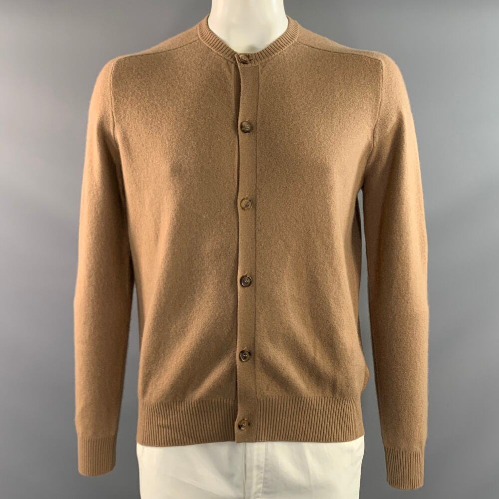 PRADA Size L Tan Knitted Cashmere Polyamide Collarless Cardigan